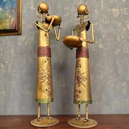 RUPESH KUMAR JANGID Metal Wrought Iron showpieces of Tribal Lady/Ladies Doll Figurine Statue in Golden Decorative Items | Show Pieces for Home Decor Stylish Living Room Tea Light Stand (Set of 2) (Design 2) RUPESH KUMAR JANGID Metal Wrought Iron showpieces of Tribal Lady/Ladies Doll Figurine Statue in Golden Decorative Items | Show Pieces for Home Decor Stylish Living Room Tea Light Stand (Set of 2) (Design 2)