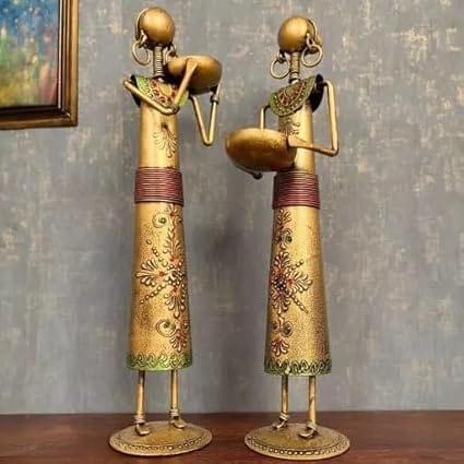 RUPESH KUMAR JANGID  Metal Wrought Iron showpieces of Tribal Lady/Ladies Doll Figurine Statue in Golden Decorative Items | Show Pieces for Home Decor Stylish Living Room Tea Light Stand (Set of 2) (Design 2)