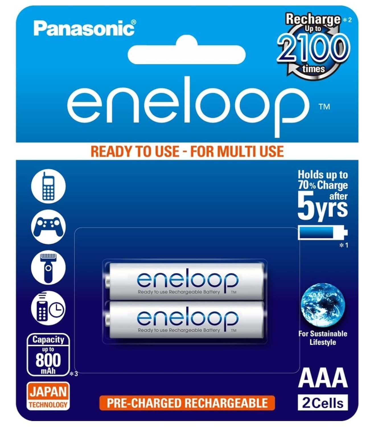 Panasonic BK-4MCCE/2BN Eneloop (Up to 800 mAH) AAA Ni-Mh Pre-Charged Rechargeable Batteries, 2-Battery Pack