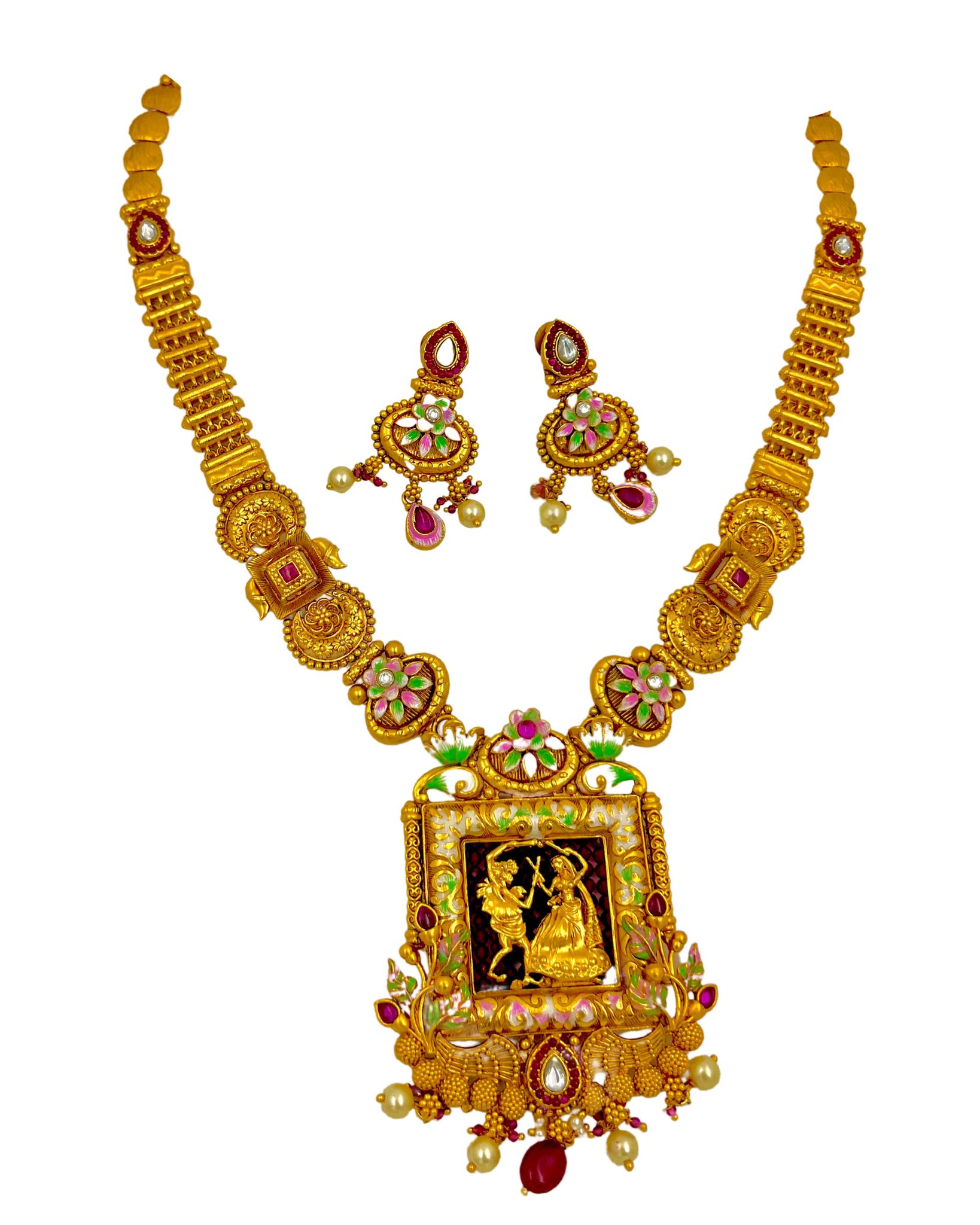 Traditional Gold Plated Hand Meena Work Temple Jewellery Necklace Set With Earrings For Women