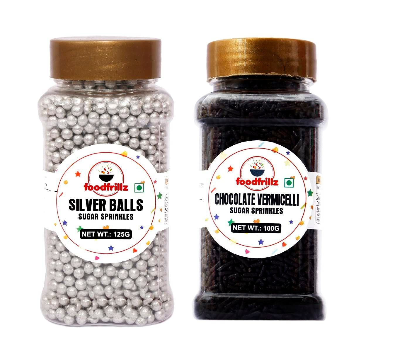 foodfrillz Silver Balls (125 g) & Chocolate Strands (100 g) Cake Sprinkles Combo Pack