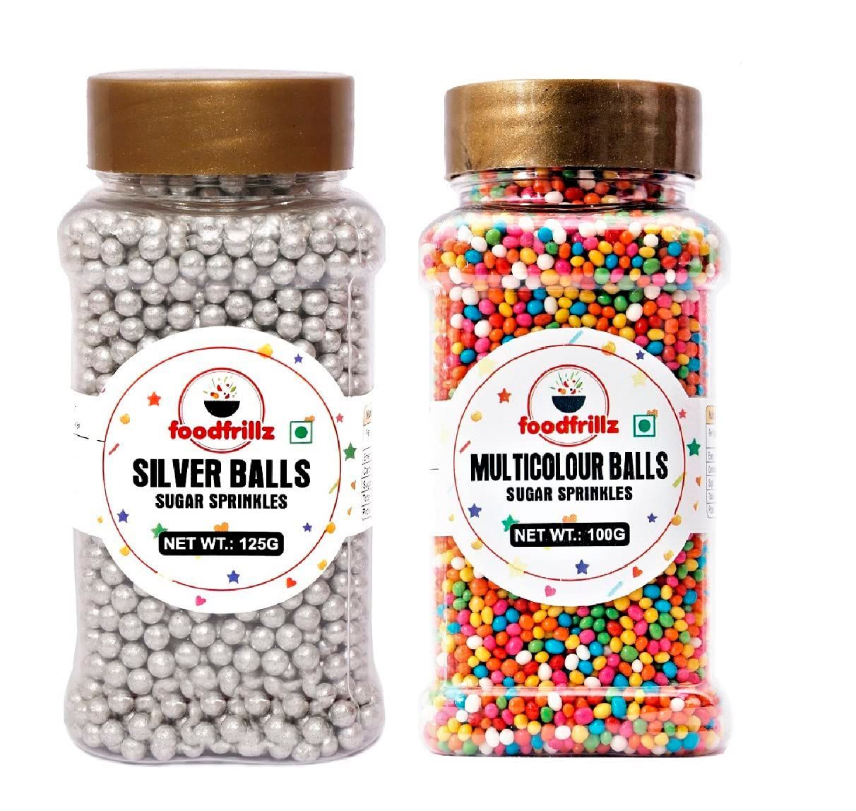 foodfrillz Silver Balls (125 g) and Multicoloured Balls (100 g) Cake Sprinkles Combo Pack