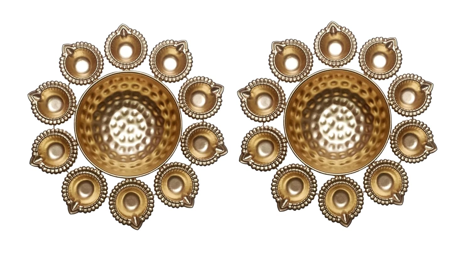 Malik HANDICRAFTS Iron Urli Bowl Flower Design with Diya Shape Tealight Candle Holders Perfect for Home Decoration, Religious and Spiritual Ceremonies (Gold_25cm x 25cm x 5cm) Pack of 2