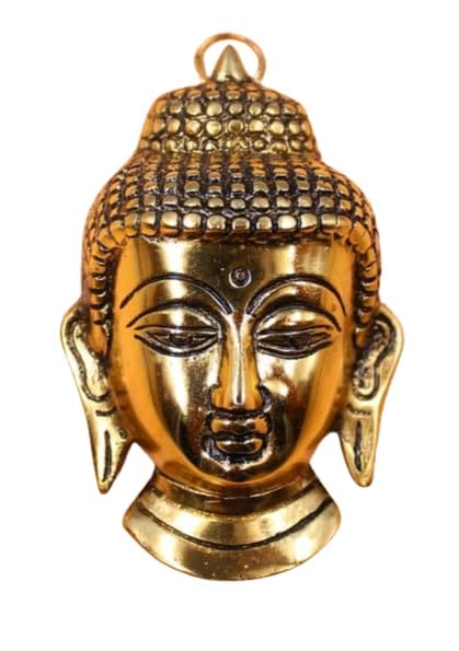 Golden Antique Finish Buddha Face Wall Hanging for Serene Home Decor and Buddhist Gifts.