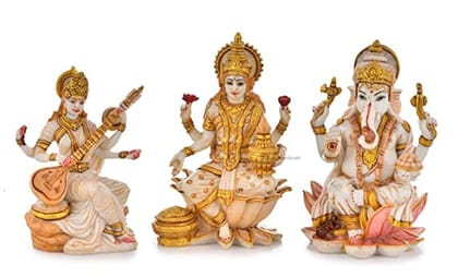 Patwari Arts Marble 3 Inches Lord Laxmi Ganesha Saraswati Murti/Statue for Home Temple Decor, Multicolor Pack- 3.