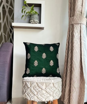 Luxury Velvet Golden Thread Embroidery Bottle Green Designer Cushion Cover Size 16"x16" Luxury Velvet Golden Thread Embroidery Bottle Green Designer Cushion Cover Size 16"x16"