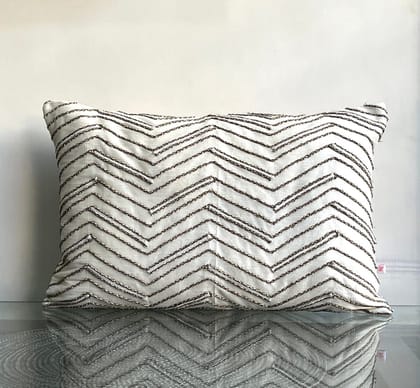 Hand Embroidered Metallic Zig Zag Lines Pattern Art Silk Cream Lumbar Cushion Cover Size 12"x18" Hand Embroidered Metallic Zig Zag Lines Pattern Art Silk Cream Lumbar Cushion Cover Size 12"x18"