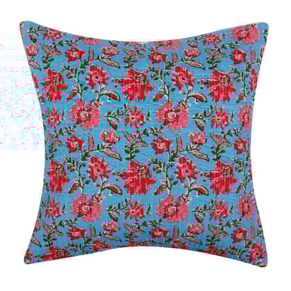 Jaipur Hand Block Print Pink Wild Flowers Quilted Blue Colour Cotton Cushion Cover - 16"x16" Size