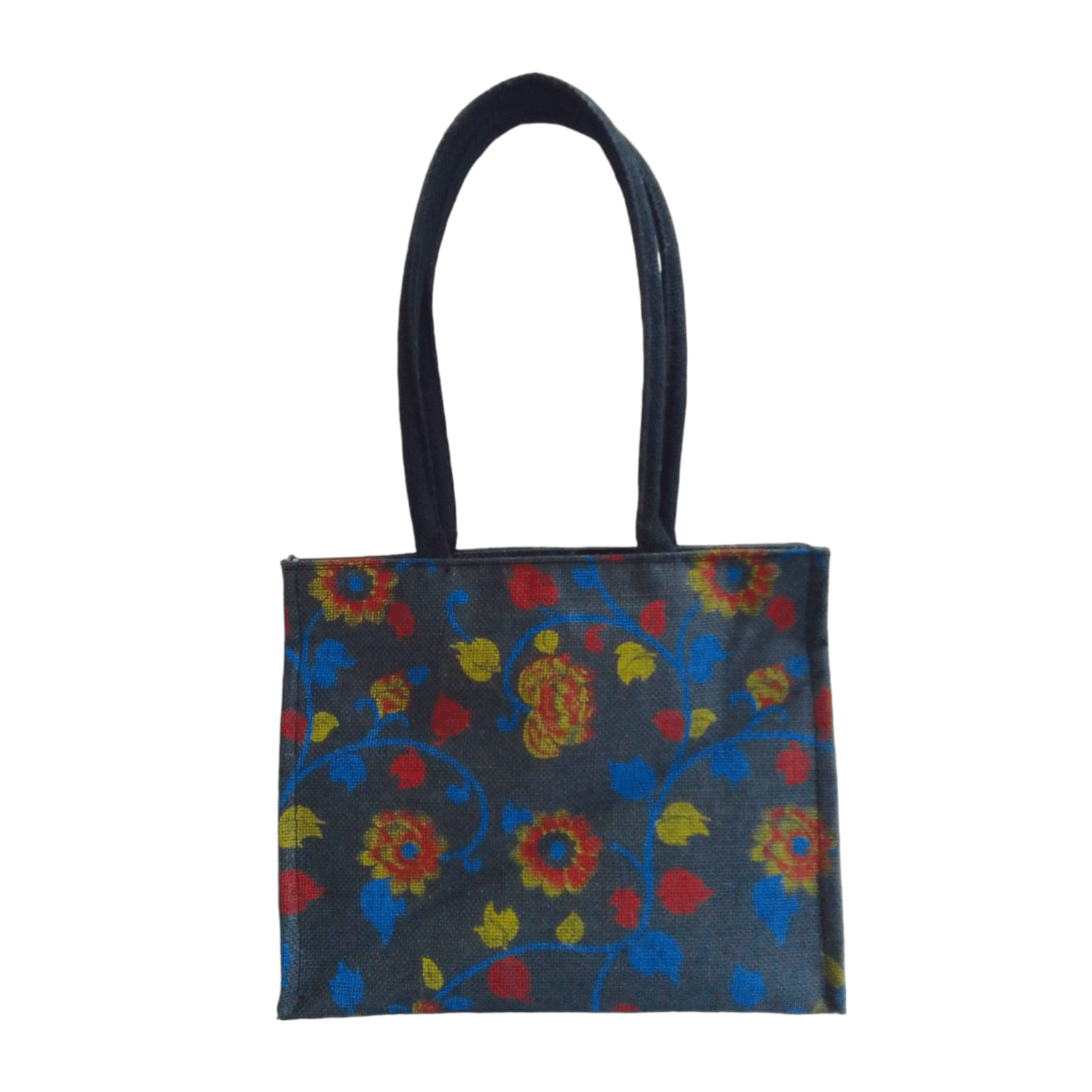 Black Floral Jute Tote Bag