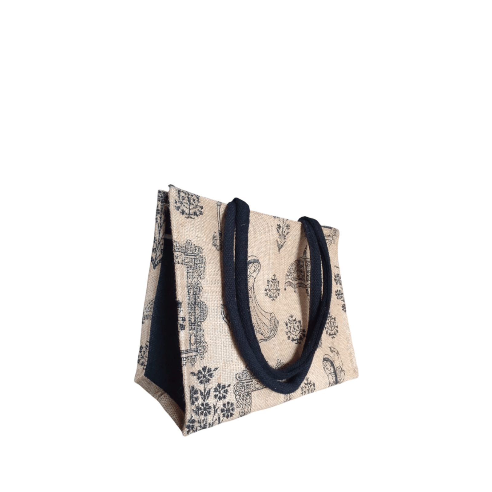  The title of the product could be "Handcrafted Jute Tote Bag with Black Cotton Rope Handles and Traditional Indian Prints".