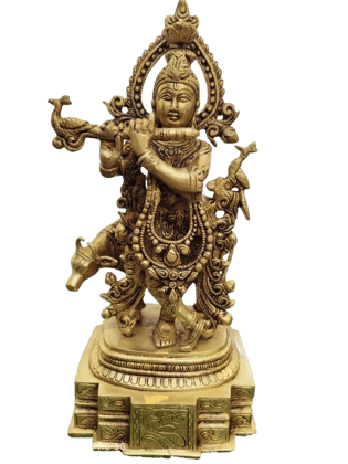 Dancing Lord Krishna Brass Statue Playing Flute with Birds and Cow Dancing Lord Krishna Brass Statue Playing Flute with Birds and Cow