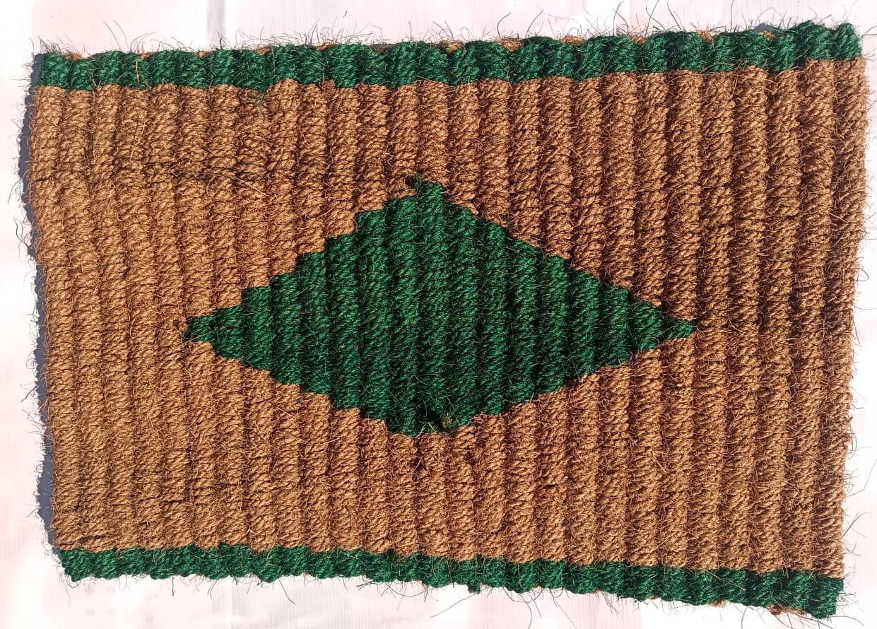  Handmade Natural Coir Fiber Door Mat with Green Diamond Design