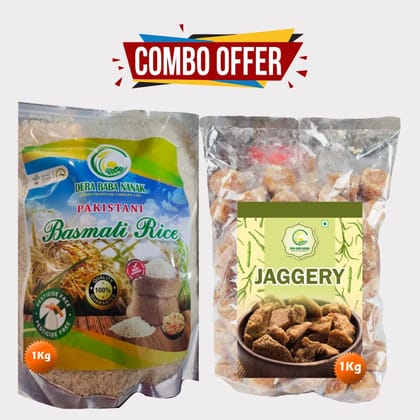 Combo of Jaggery 1kg & Basmati Rice 1kg – Dera Bera Nanak Pure Jaggery Cube & Premium Basmati Chawal. 