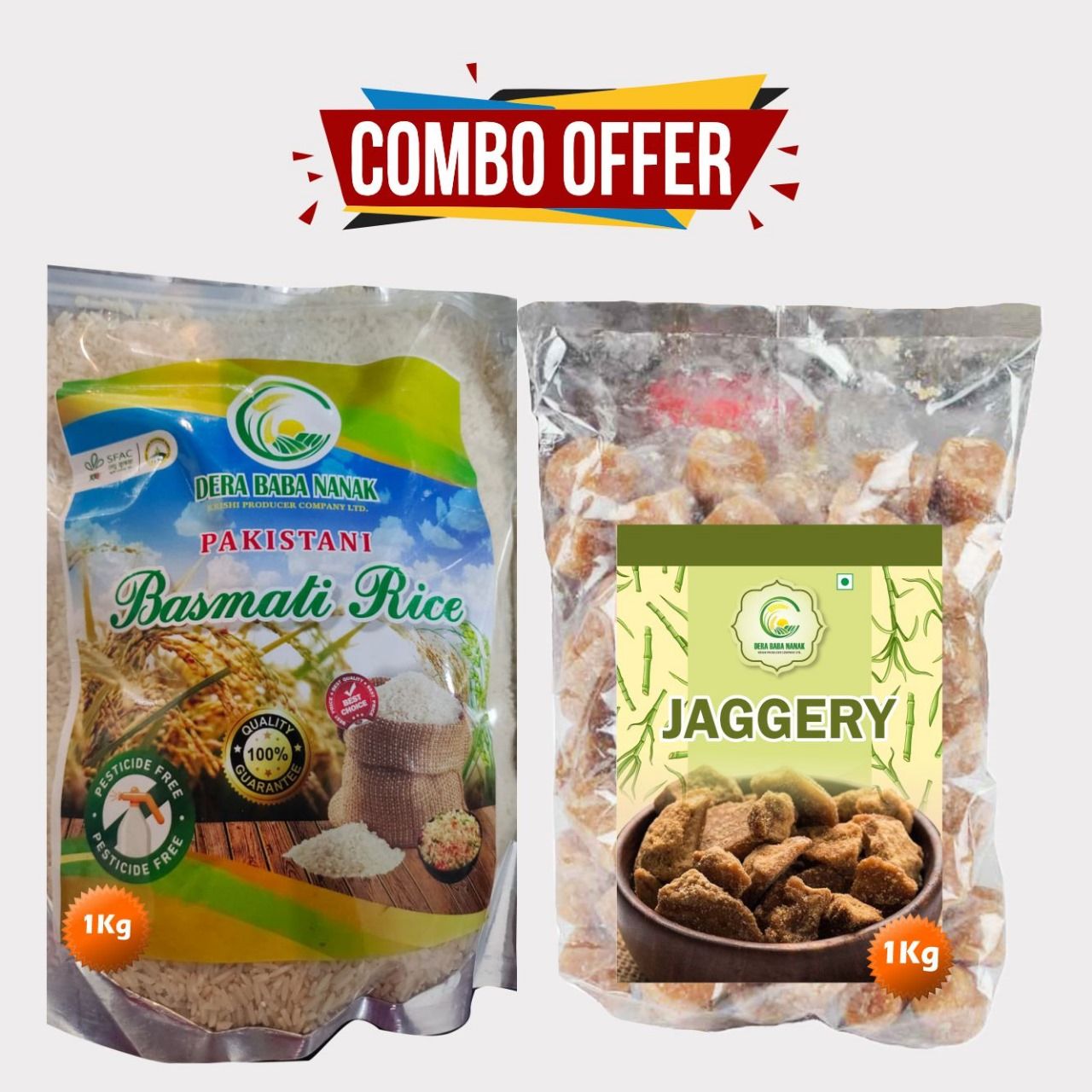 Combo of Jaggery 1kg & Basmati Rice 1kg – Dera Bera Nanak Pure Jaggery Cube & Premium Basmati Chawal. 