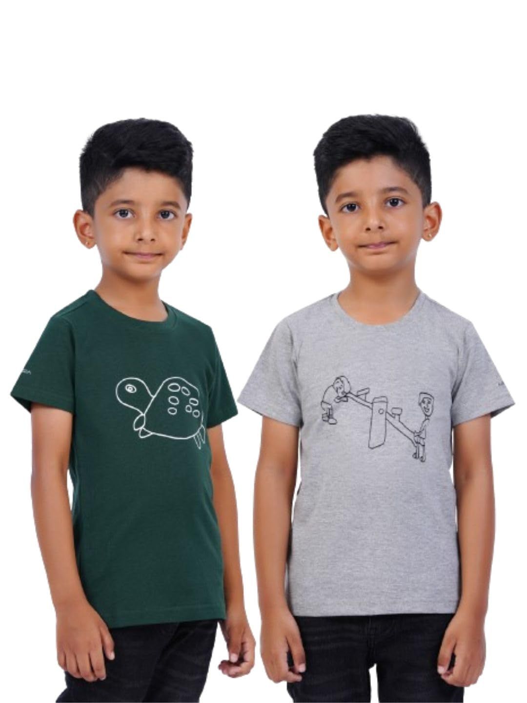 AIR GARB Boys Round Neck Printed Cotton T-shirt for 2-3 Years - Pack of 2 (K23-TGR-SG) Multicolour