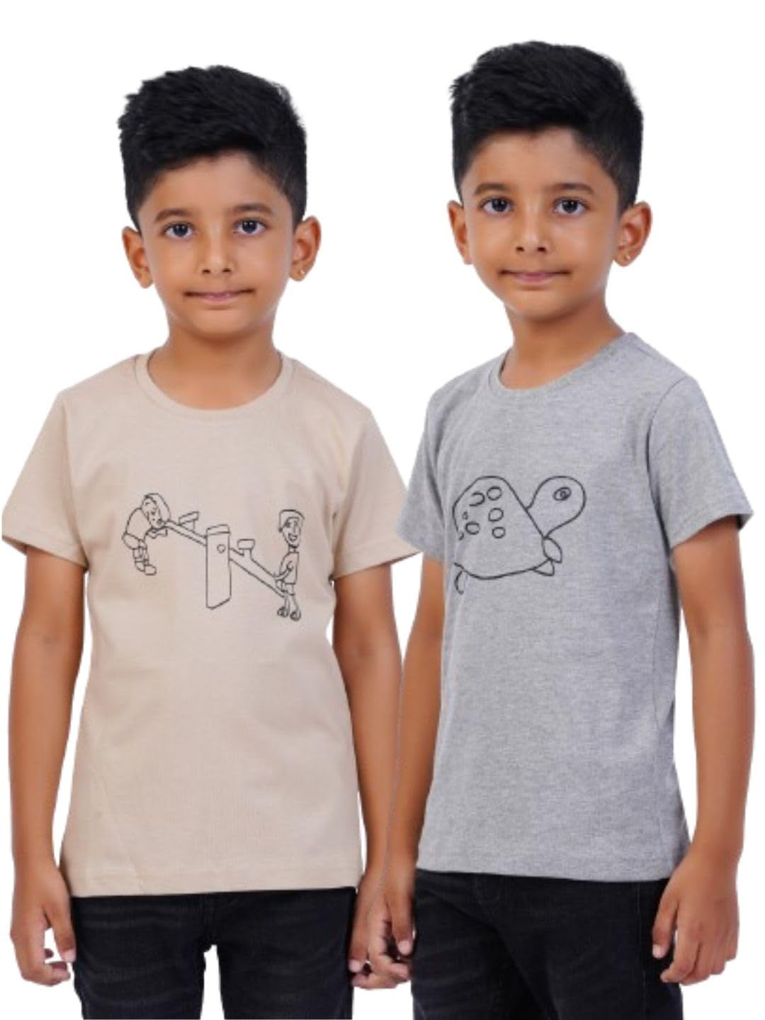 AIR GARB Boys Round Neck Printed Cotton T-shirt for 6-7 Years - Pack of 2 (K67-TG-SB) Multicolour