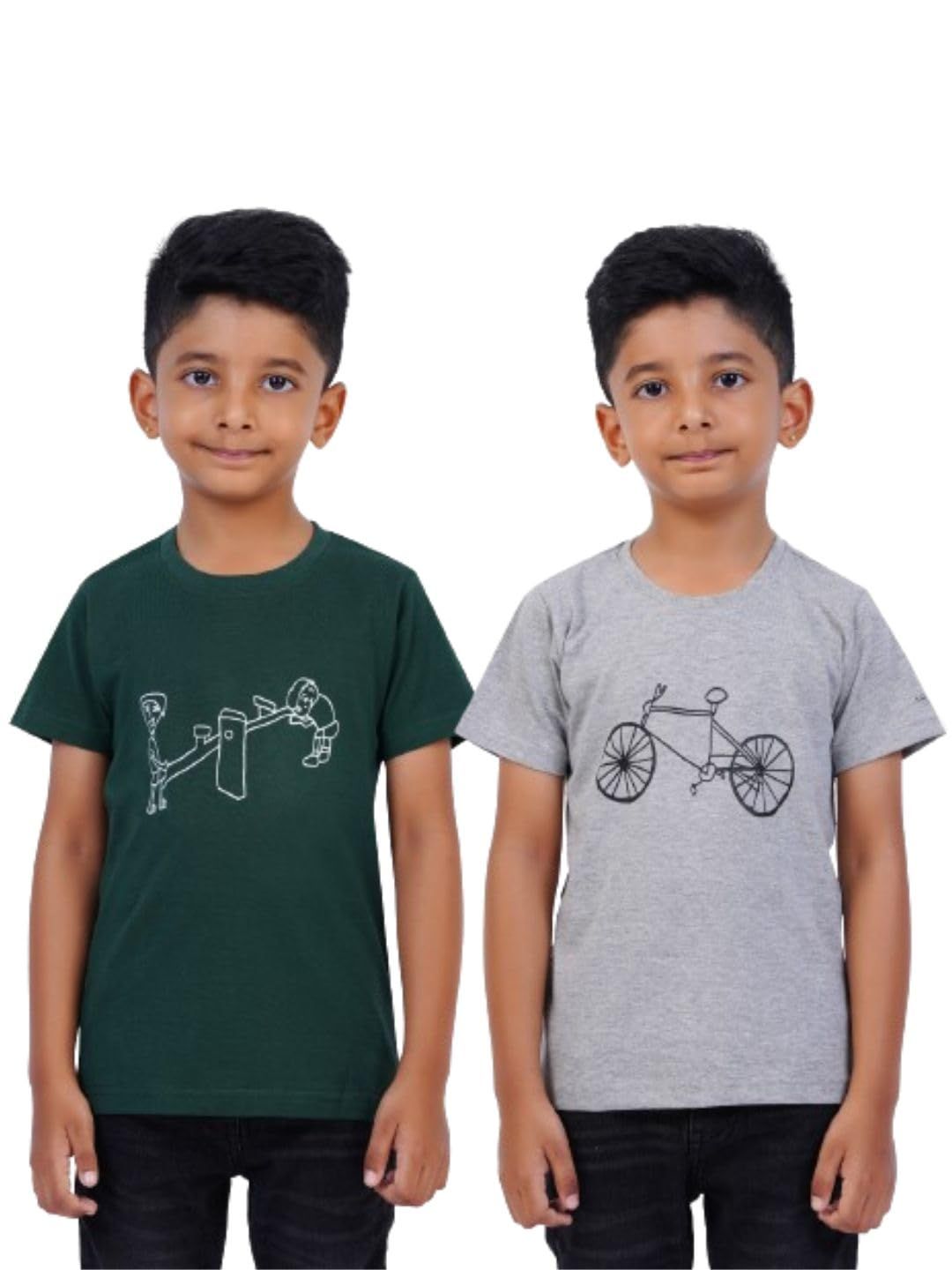 AIR GARB Boys Round Neck Printed Cotton T-shirt for 4-5 Years - Pack of 2 (K45-SGR-CG) Multicolour
