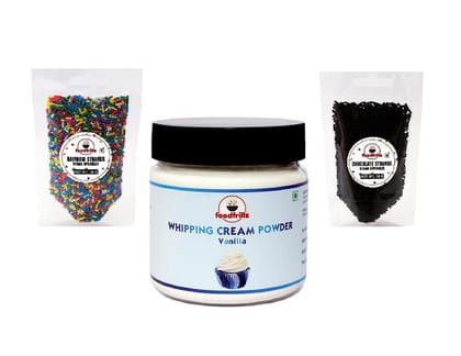 foodfrillz Whipping Cream Powder - All-purpose/Vanilla (100 g) + Rainbow Sprinkles (50 g) + Chocolate Strands Sprinkles (50 g) Pack of 3 foodfrillz Whipping Cream Powder - All-purpose/Vanilla (100 g) + Rainbow Sprinkles (50 g) + Chocolate Strands Sprinkles (50 g) Pack of 3
