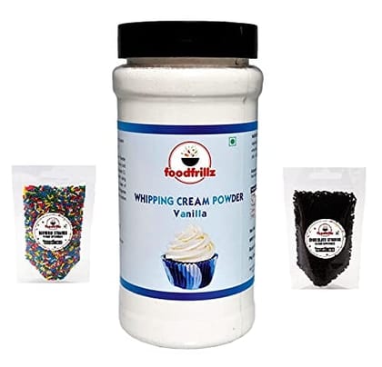 foodfrillz Whipping Cream Powder - All Purpose Vanilla (200 g) + Rainbow Strands (50 g) + Chocolate Strands Sprinkles (50 g)