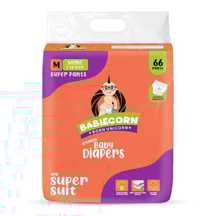 BABIECORN My Super Suit Baby Diaper Pants with Wetness Indicator 7 to 12kg - M (66 Pieces)
