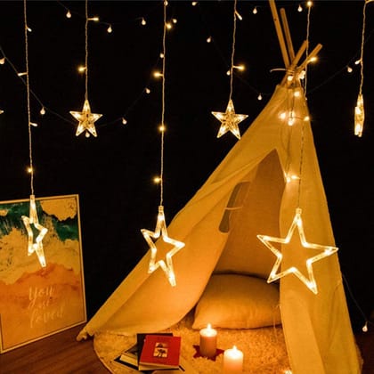 12 STAR WINDOW CURTAIN LED LIGHTS WITH 8 FLASHING MODES DECORATION FOR HOME DECORATION, DIWALI & WEDDING LED CHRISTMAS LIGHT INDOOR AND OUTDOOR LIGHT ,FESTIVAL DECORATION, LIGHT PLUG-IN (WARM WHITE)