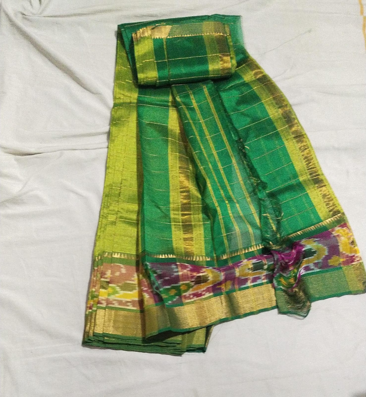 POCHAMPALLI SAREE BORDER COTTON/PATTU Green and gold silk saree with zari border