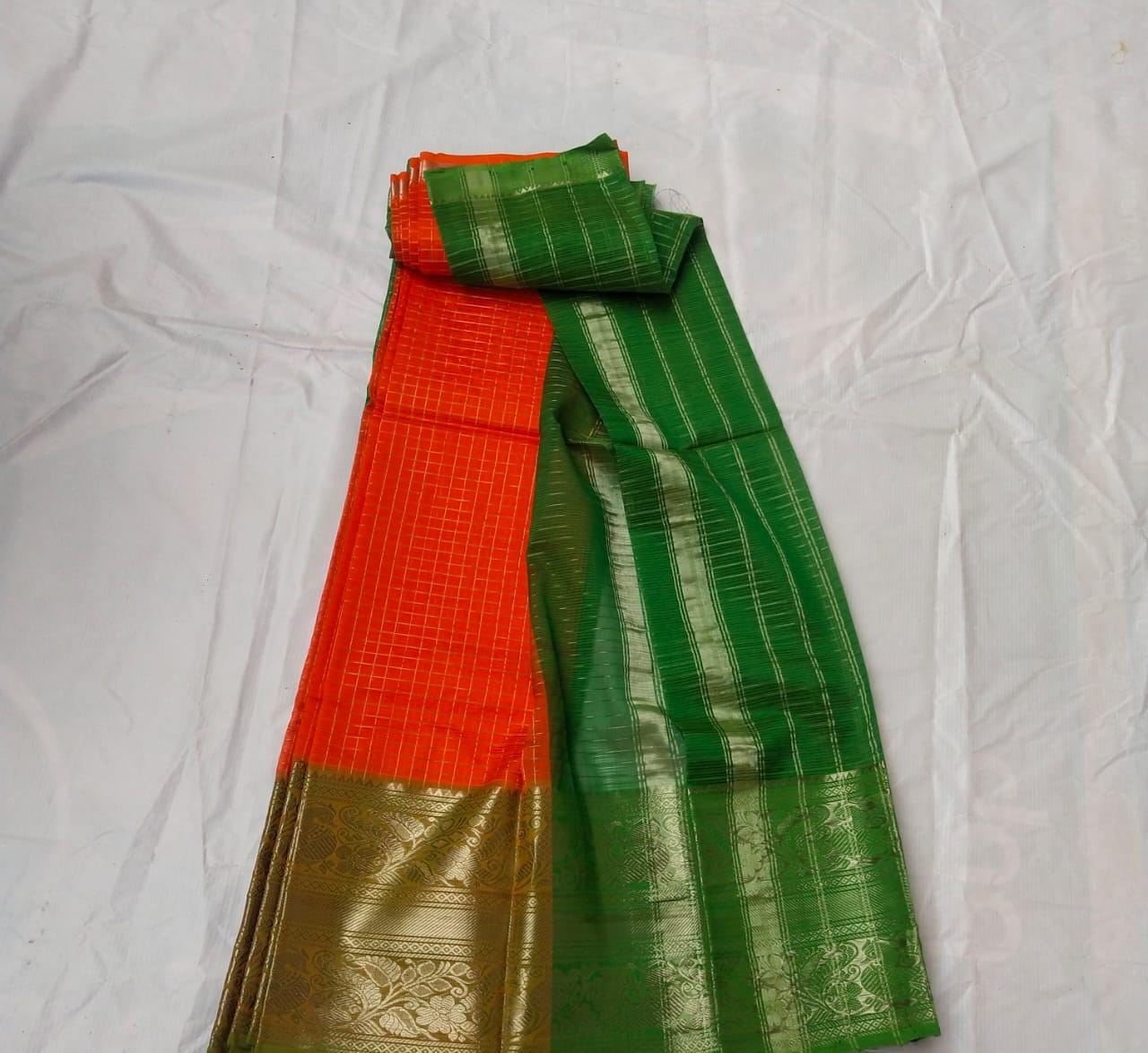 Green and Orange Silk Saree With Blouse Piece