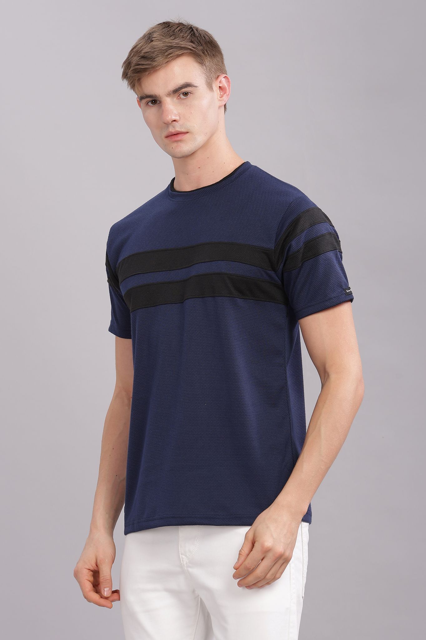 Men Striped Round Neck Polyester Grey T-Shirt