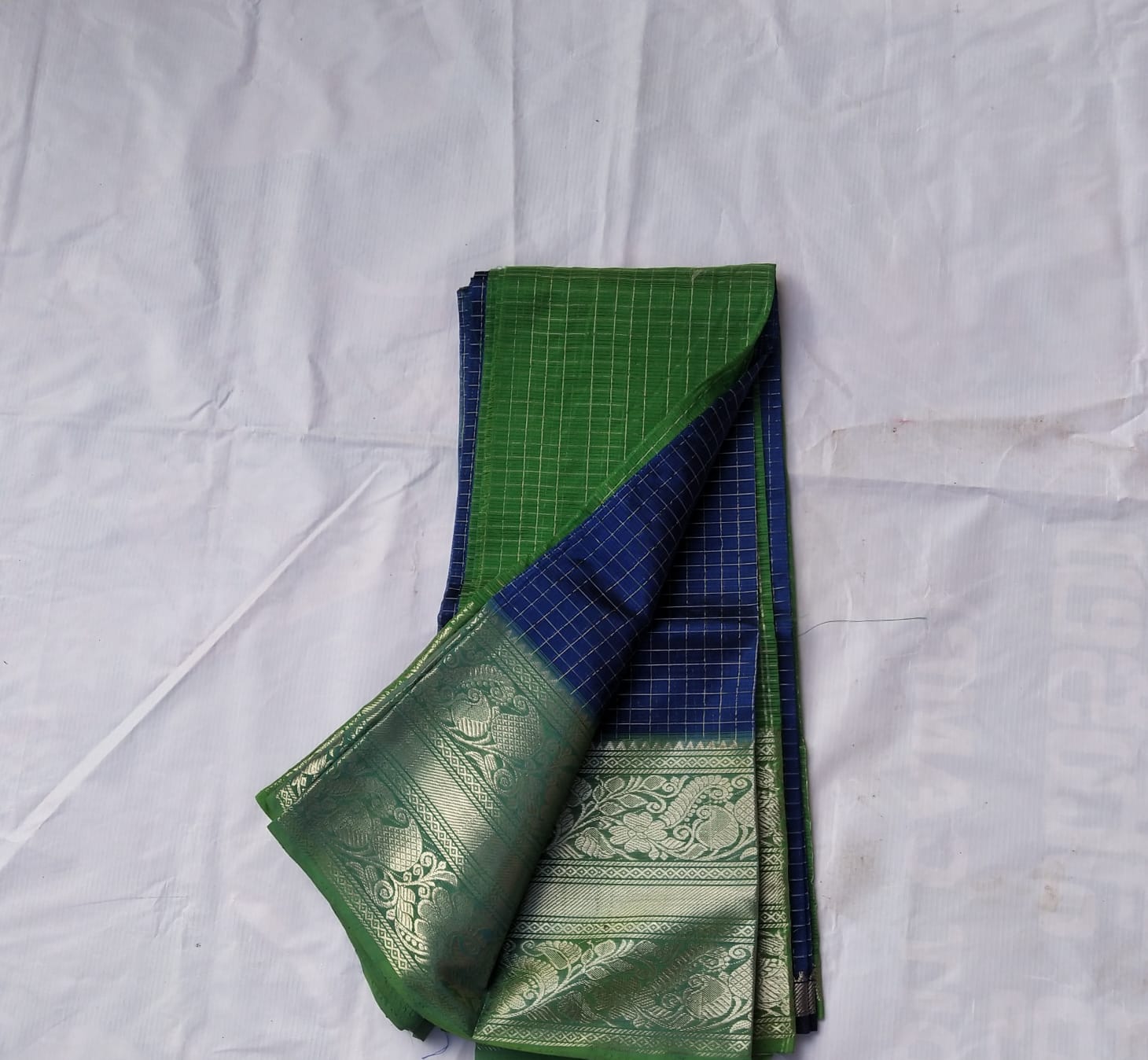 Green and Blue Checked Saree with Golden Zari Border