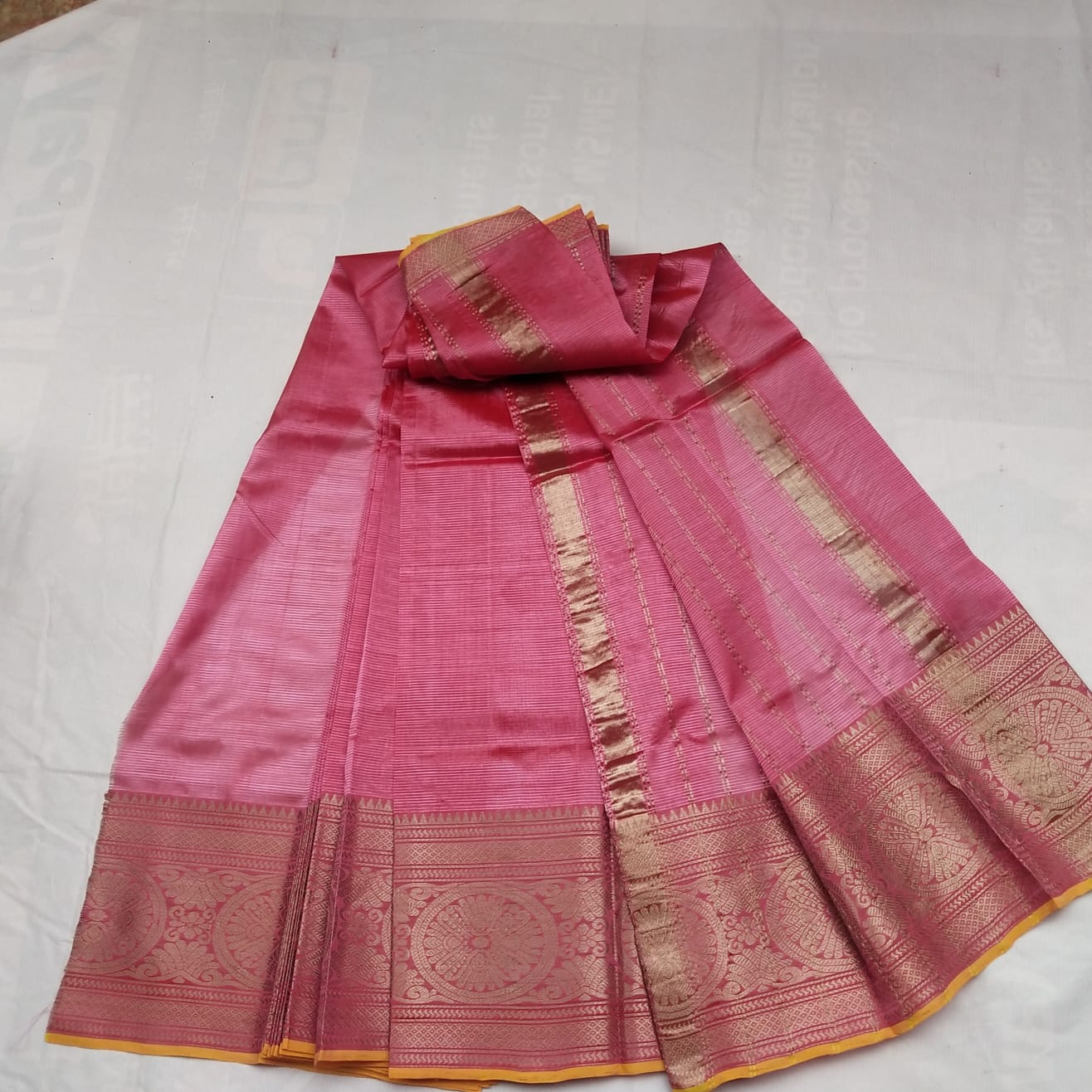 Pink Silk Saree With Golden Zari Border