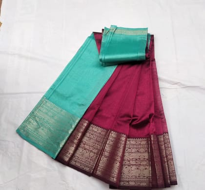  Green and Maroon Kanjivaram Silk Saree With Blouse Piece