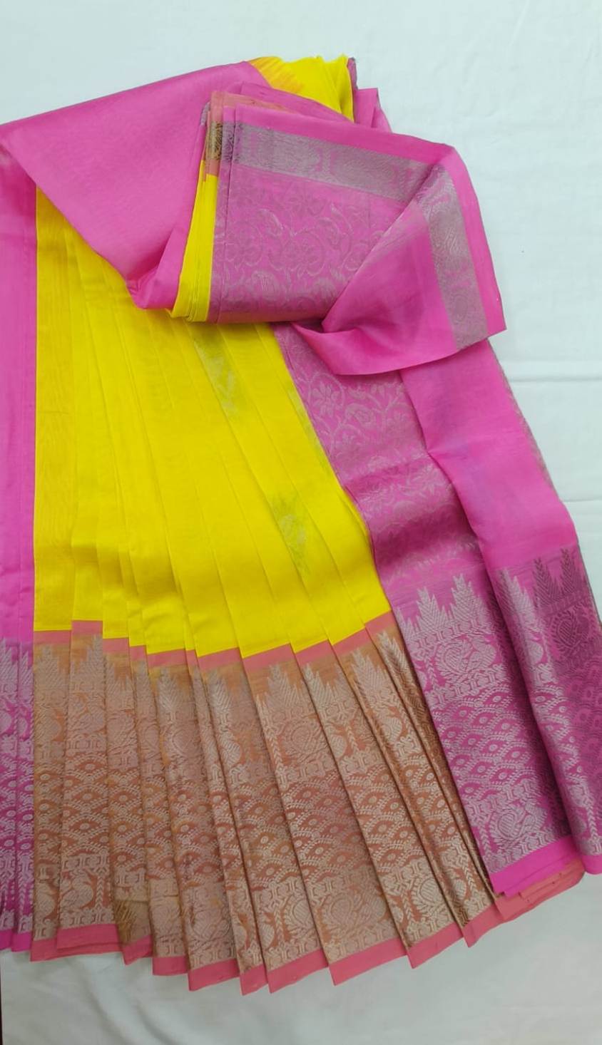 Yellow and Pink Kanchipuram Silk Saree With Blouse
