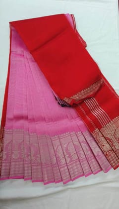 Pink and red dual tone handloom cotton saree with zari border Pink and red dual tone handloom cotton saree with zari border