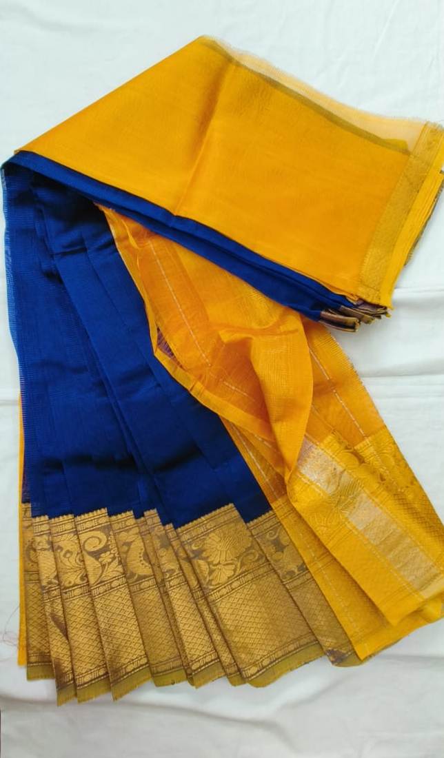 Yellow and Blue Kanchipuram Silk Saree With Blouse