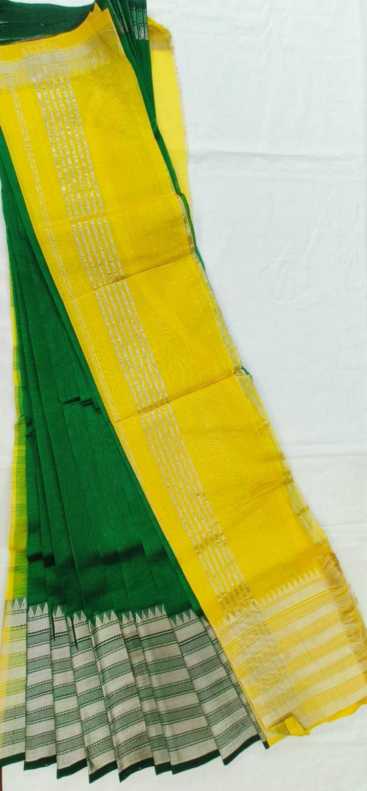 Yellow and Green Pure Handloom Cotton Saree With Silver Zari Border