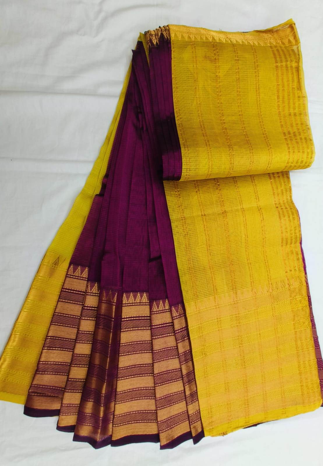 Yellow and Purple Kanchipuram Silk Saree With Blouse Piece