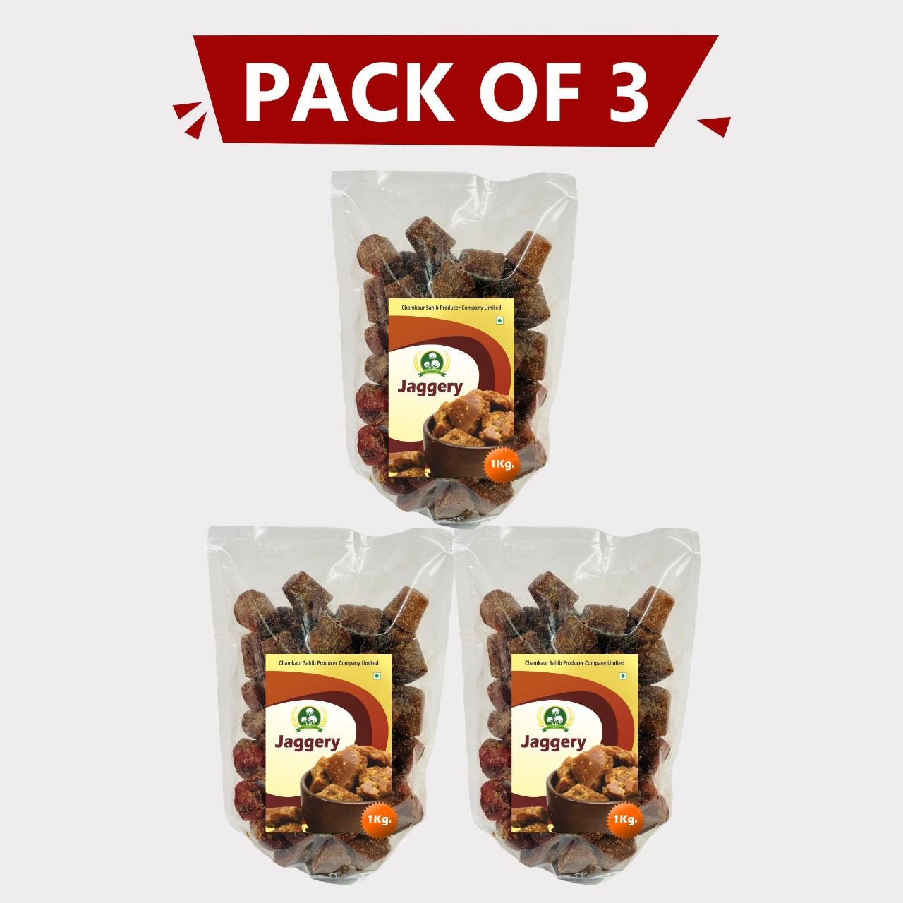 Jaggery 3Kg (Pack of 3 × 1Kg) by Chamkaur Sahib Producer Pure Natural Jaggery with Traditional & Unrefined. 