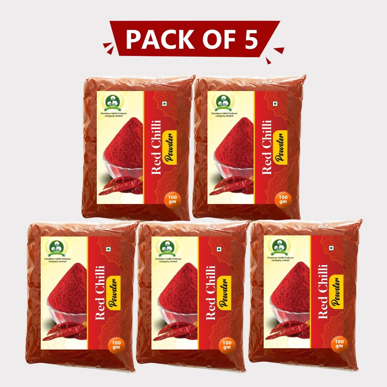 Pure & Spicy Red Chilli Powder 500gm – 5 × 100 gm Pack by Chamkaur Sahib Producer - Made from Natural Farmer-Grown Chillies. 