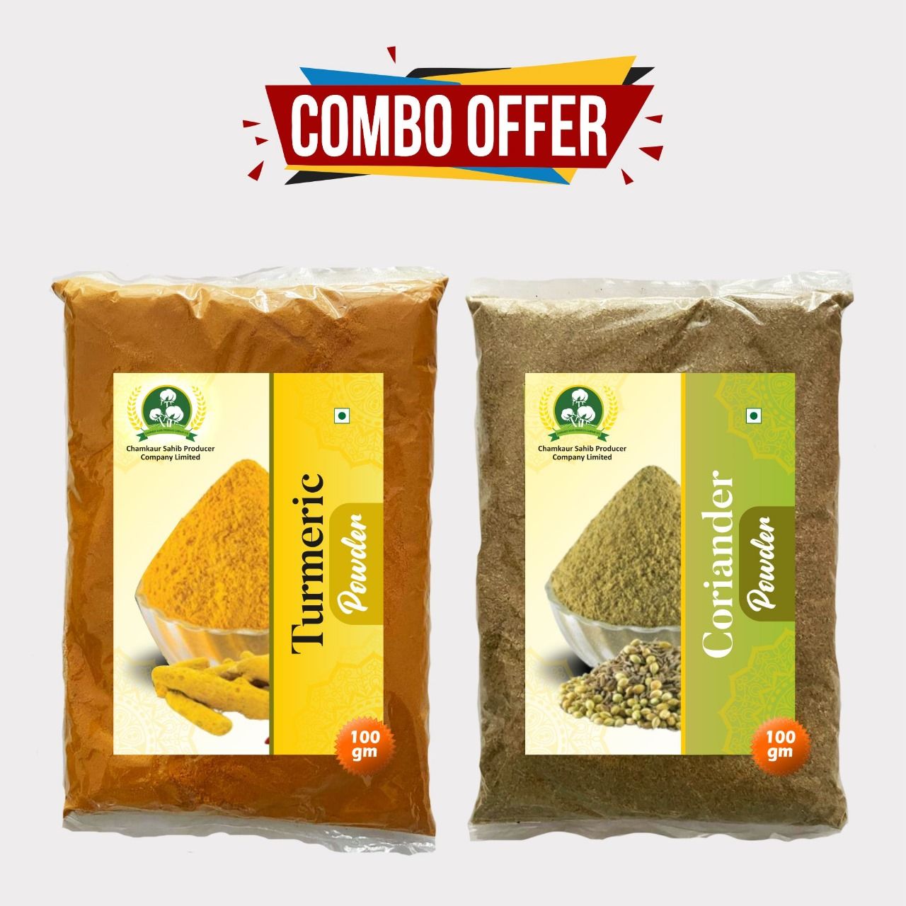 Pure Turmeric & Coriander Powder 200gm (Combo Pack of 2 x 100gm) by Chamkaur Sahib – Pure, Fresh & Flavorful Indian Spices. 