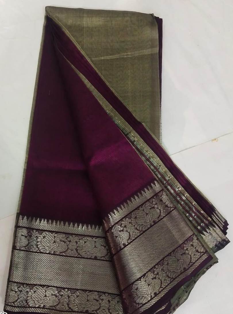 Grape Wine Silk Saree With Silver Zari Border