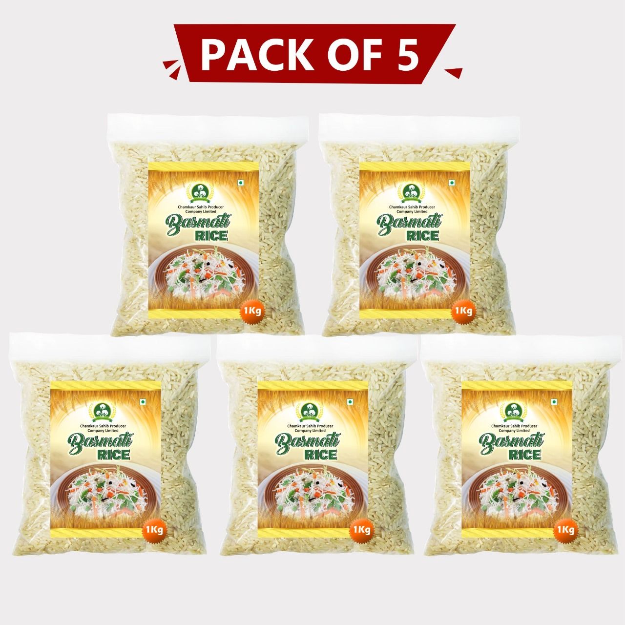Sahib Basmati Rice 5kg (Pack of 5 × 1 kg) by Chamkaur – Long-Grain, Aromatic & Premium Indian Rice.