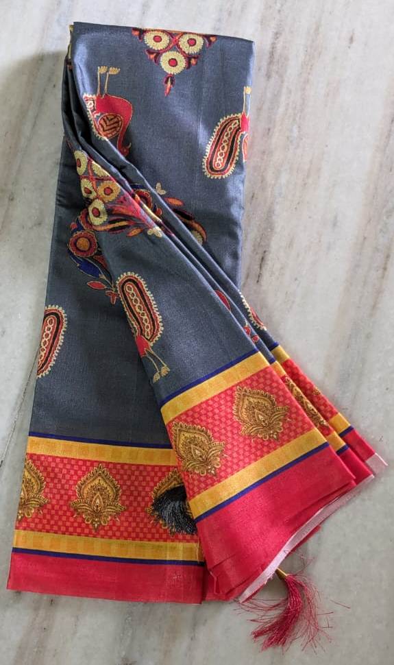 Graceful Grey Saree With Dancing Peacocks And Floral Paisley Motifs