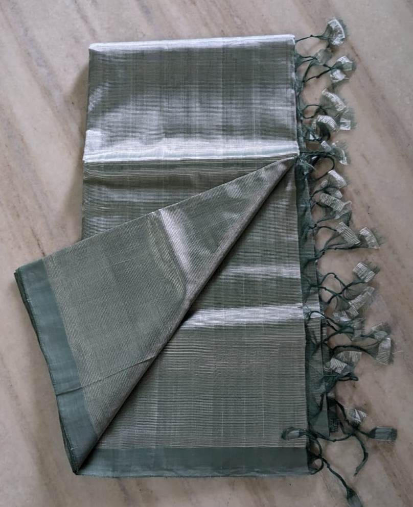 Mangalagiri Pattu Gray Tissue Saree With Silver Zari Border