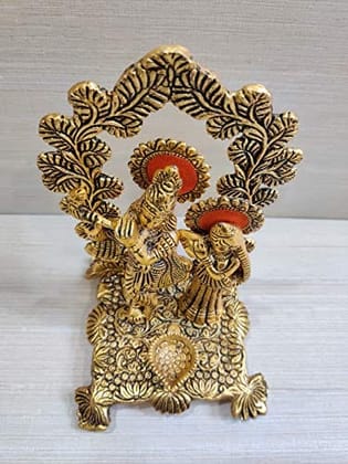 GiftNagri Gold Plated Metal Handicraft Radha Krishna Murti Home Decor Hindu God Idol with Diya for Home Temple Office Shop Puja Use and Festive Gift