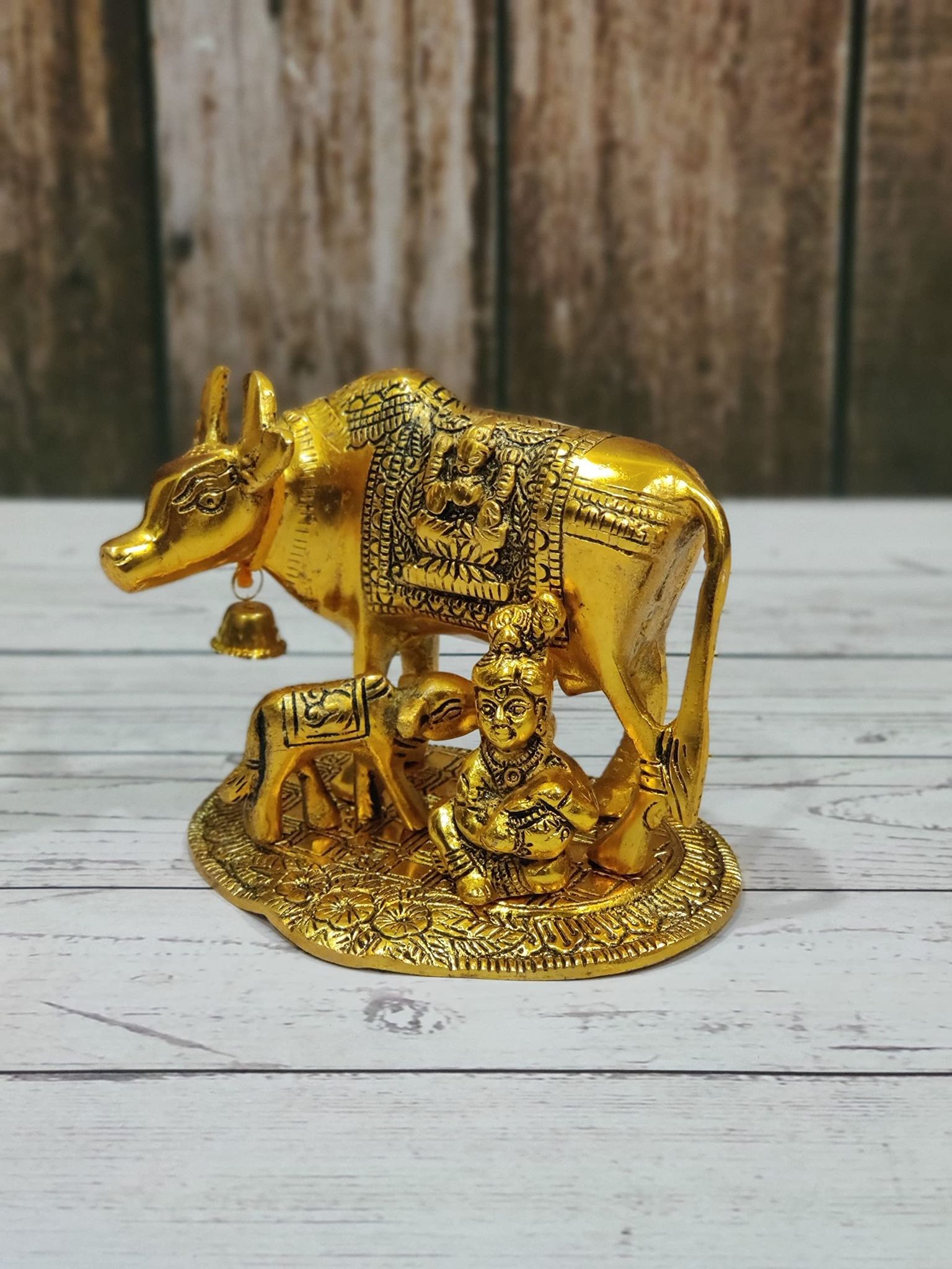 GiftNagri Gold Plated Metal Handicraft Cow Calf with Krishna Kanha Ji Makhan Chor God Idols for Home Decor Gifts and Home Temple Puja for Office Shops