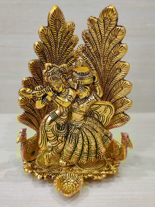 GiftNagri Gold Plated Metal Peacock Design Hindu Religious Radha Krishan Idol Statue with Diya and Peacock (8 x 6 Inches, Golden)
