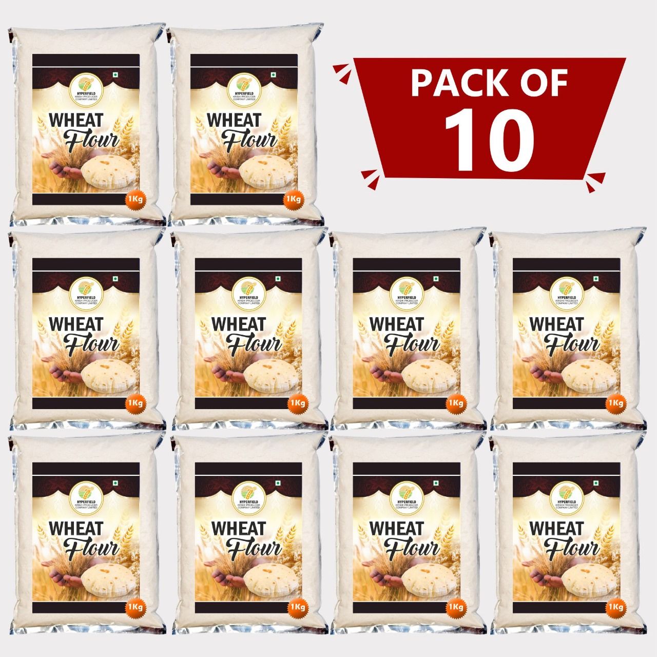 Wheat Flour 10 Kg (Pack of 10 x 1 Kg) by Hyperfield Krishi Producer – Pure, Natural & Farm-Fresh Atta for Daily Cooking. 