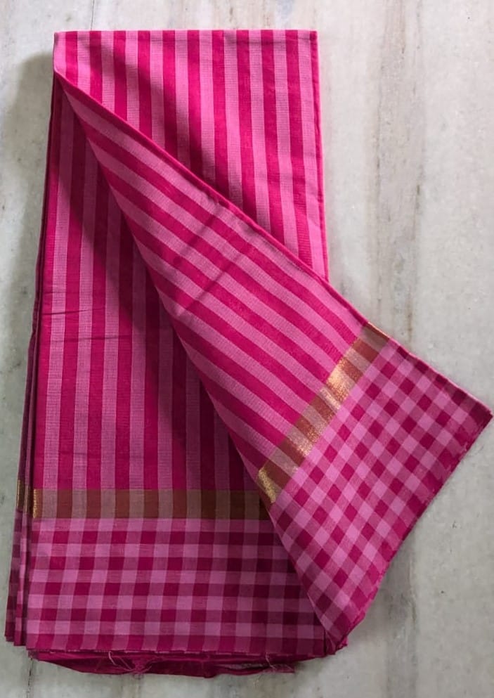 Pink Striped Cotton Saree With Checks And Golden Zari Border