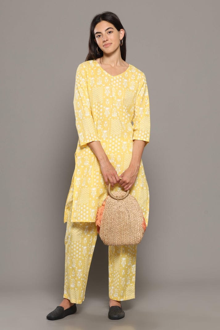 BREATHABLES Women Cotton Printed Loungewear Kurta and Pants Co-ord Set 3/4 Sleeve V Neck Comfort Loose Fit (Night Wear | Co-ord set | Lounge Wear Set)