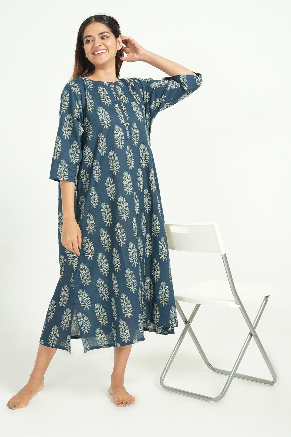 BREATHABLES Women Cotton Printed Loungewear Dress Short Sleeve Round Neck Comfort Loose Fit Blue(Night Wear | Nighty | Nightie )